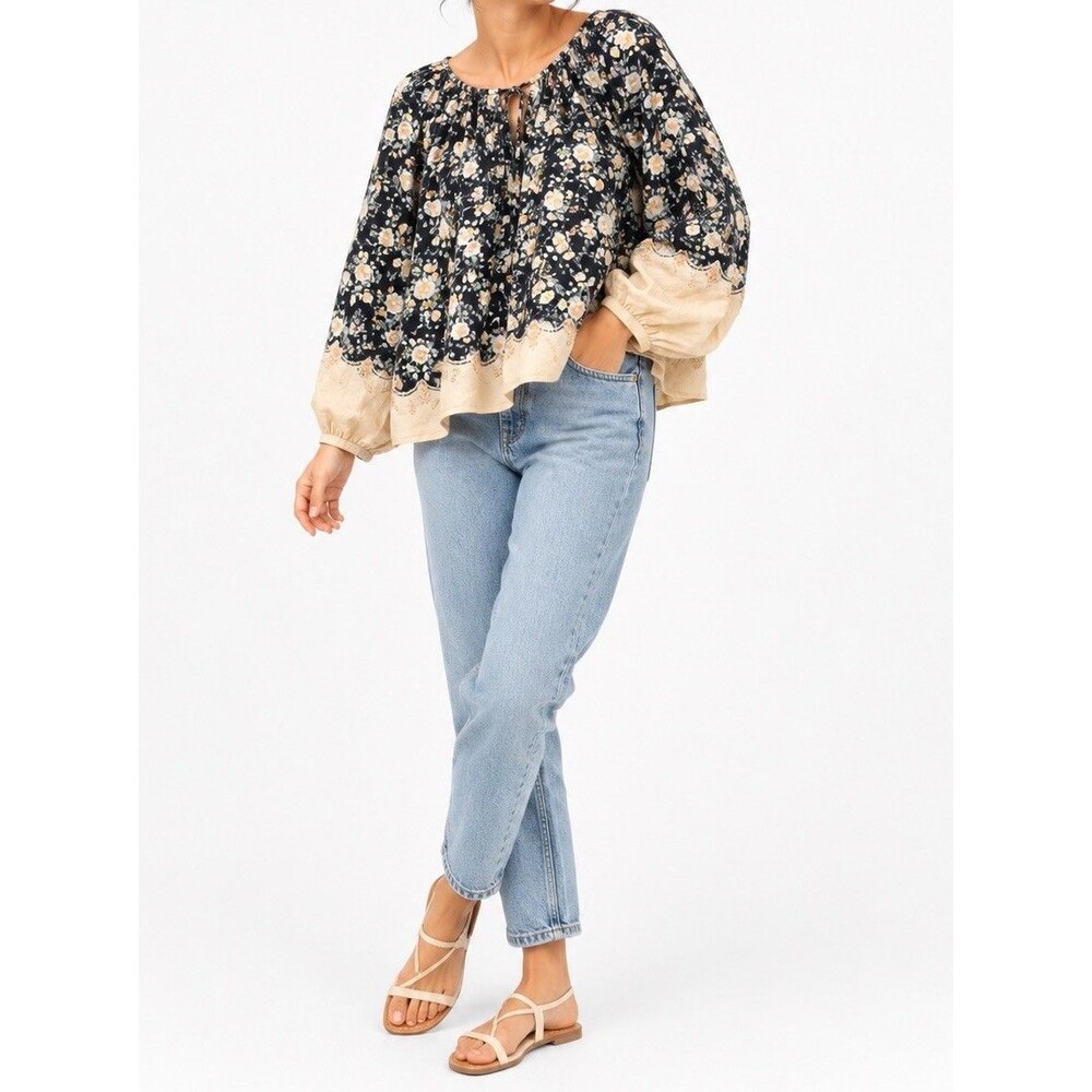 LC Lauren Conrad Navy Floral Peasant Blouse with Beige Trim